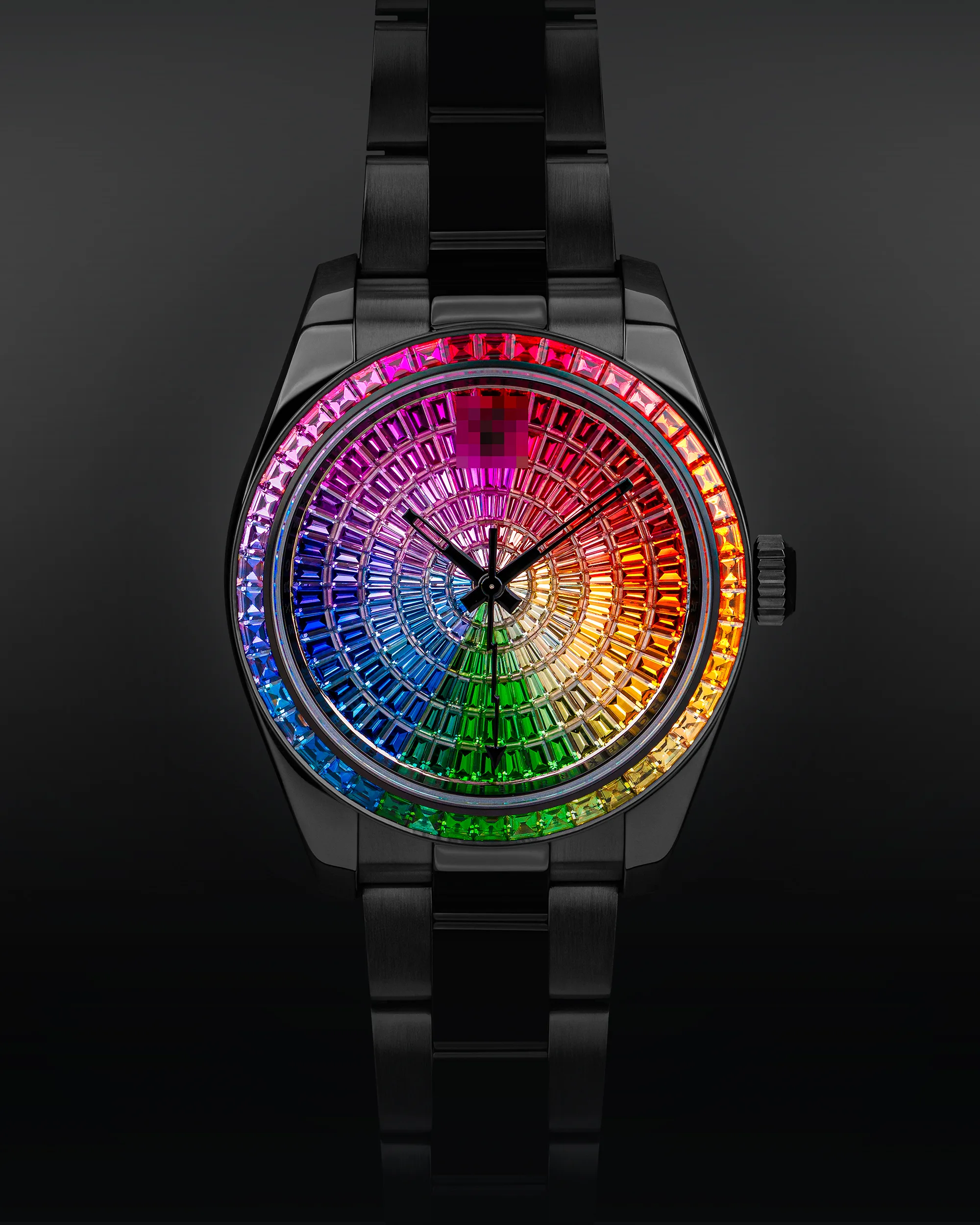 Rainbow gem-set bespoke watch, 276 stones in a continuous gradient on black DLC — Alter Geneva, Geneva workshop