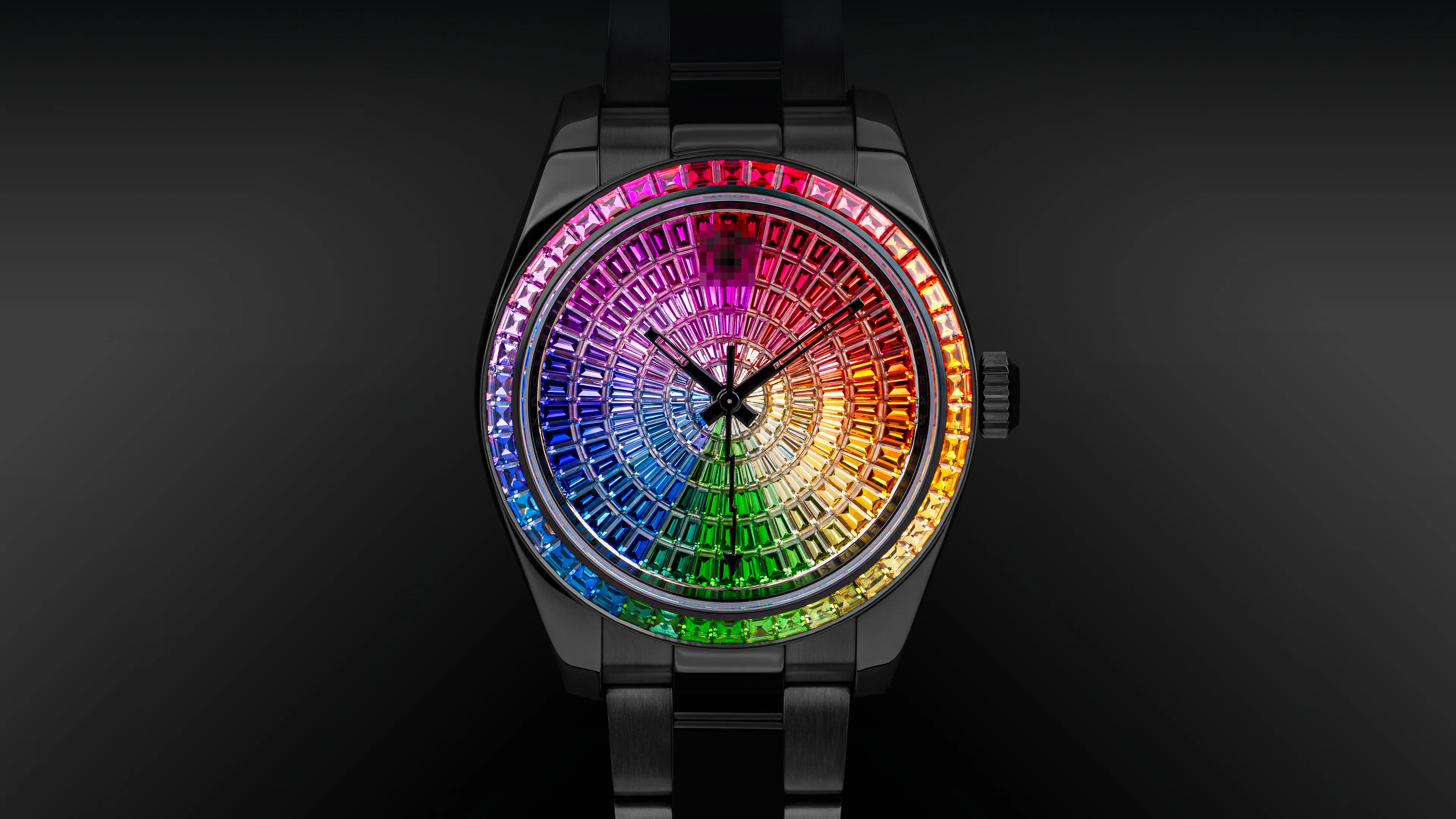 Rainbow gem-set bespoke watch, 276 stones in a continuous gradient on black DLC — Alter Geneva, Swiss atelier