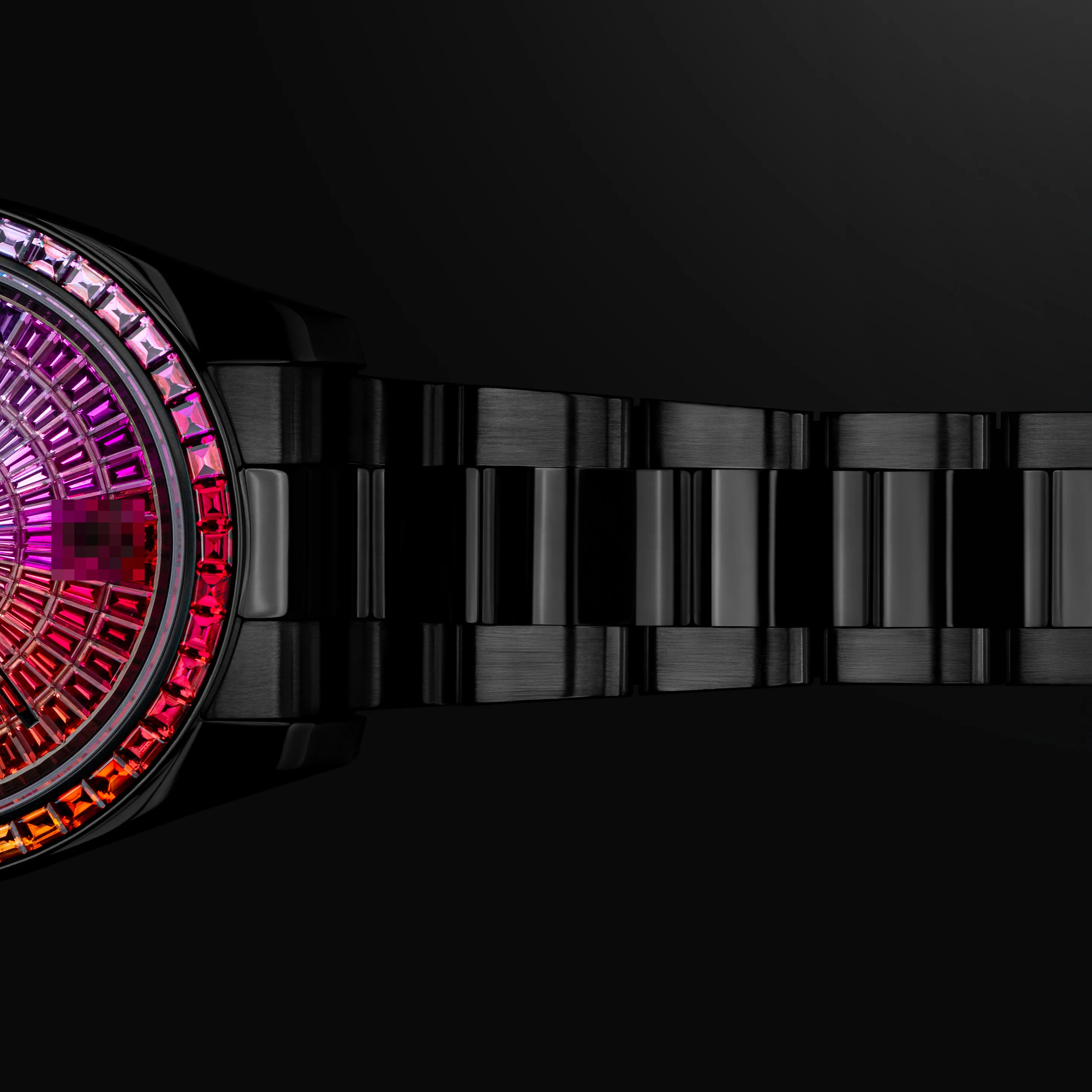 Rainbow gem-set bespoke watch, 276 stones in a continuous gradient on black DLC — Alter Geneva, hand-finished in Switzerland