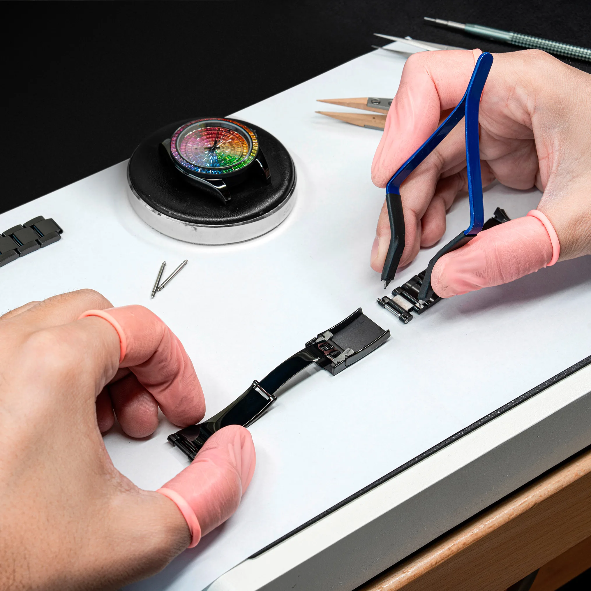 Rainbow gem-set bespoke watch, 276 stones in a continuous gradient on black DLC — Alter Geneva, one-of-a-kind commission