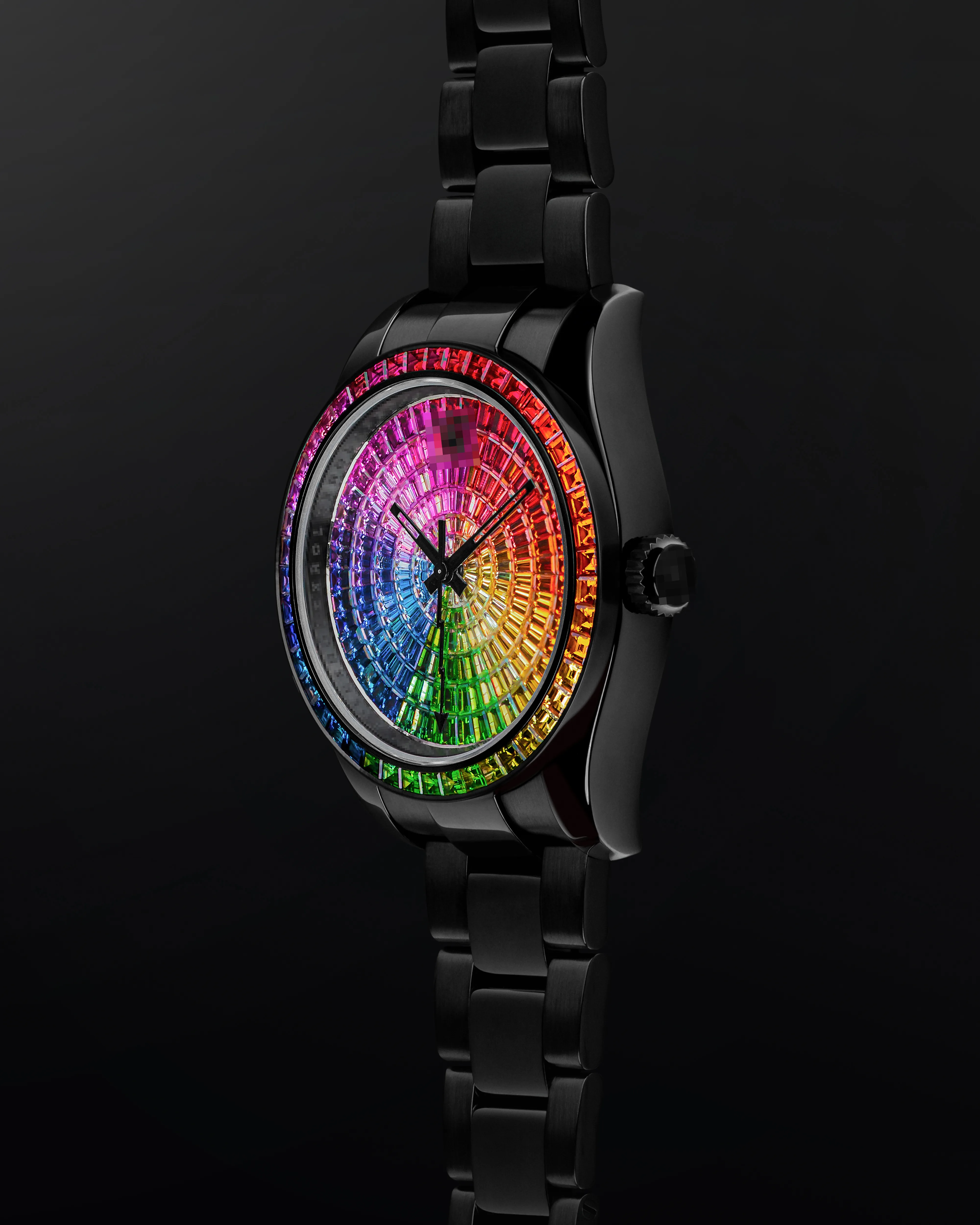 Rainbow gem-set bespoke watch, 276 stones in a continuous gradient on black DLC — Alter Geneva, hand-finished in Switzerland